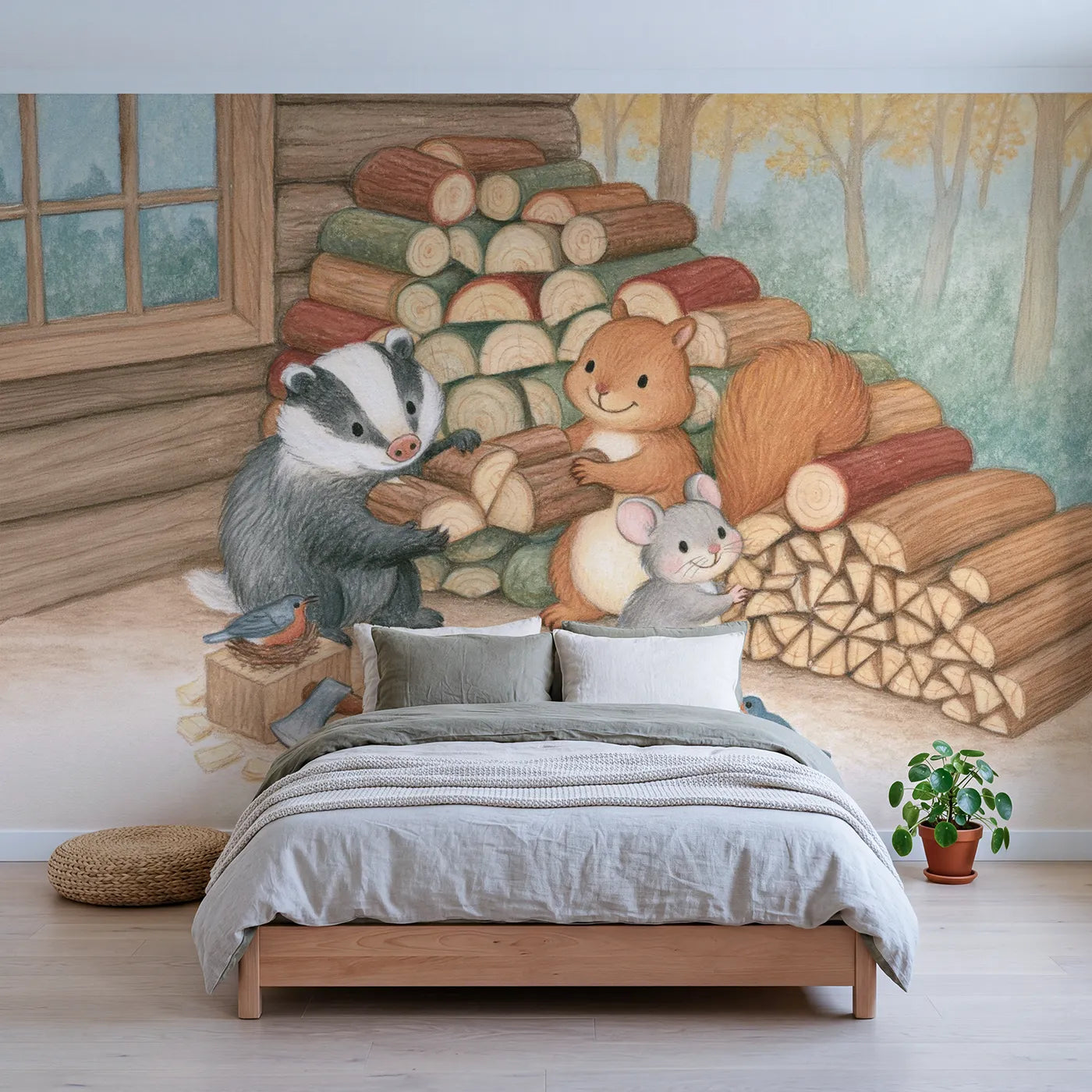 Colored Pencil animals stacking a winter woodpile, mural for a big-kid bedroom by Whimsy Tots