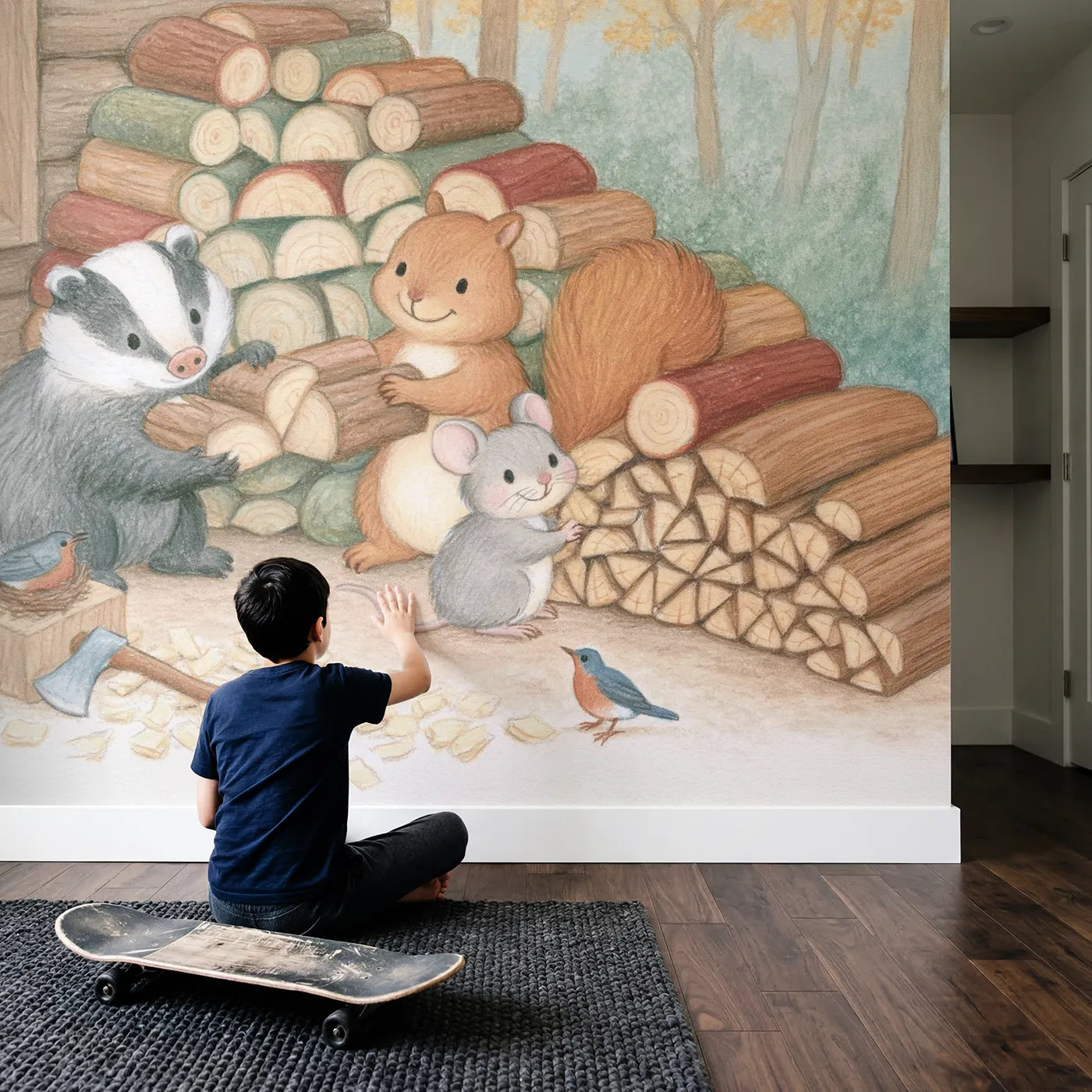 Child in nursery with Stacking the Woodpile Wallpaper Mural by Whimsy Tots