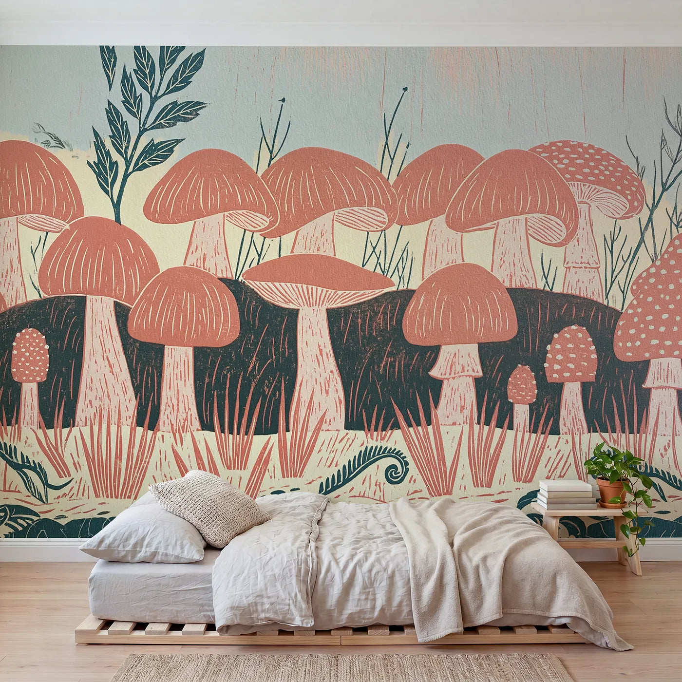 Linocut wall mural of a coral mushroom ring by Whimsy Tots
