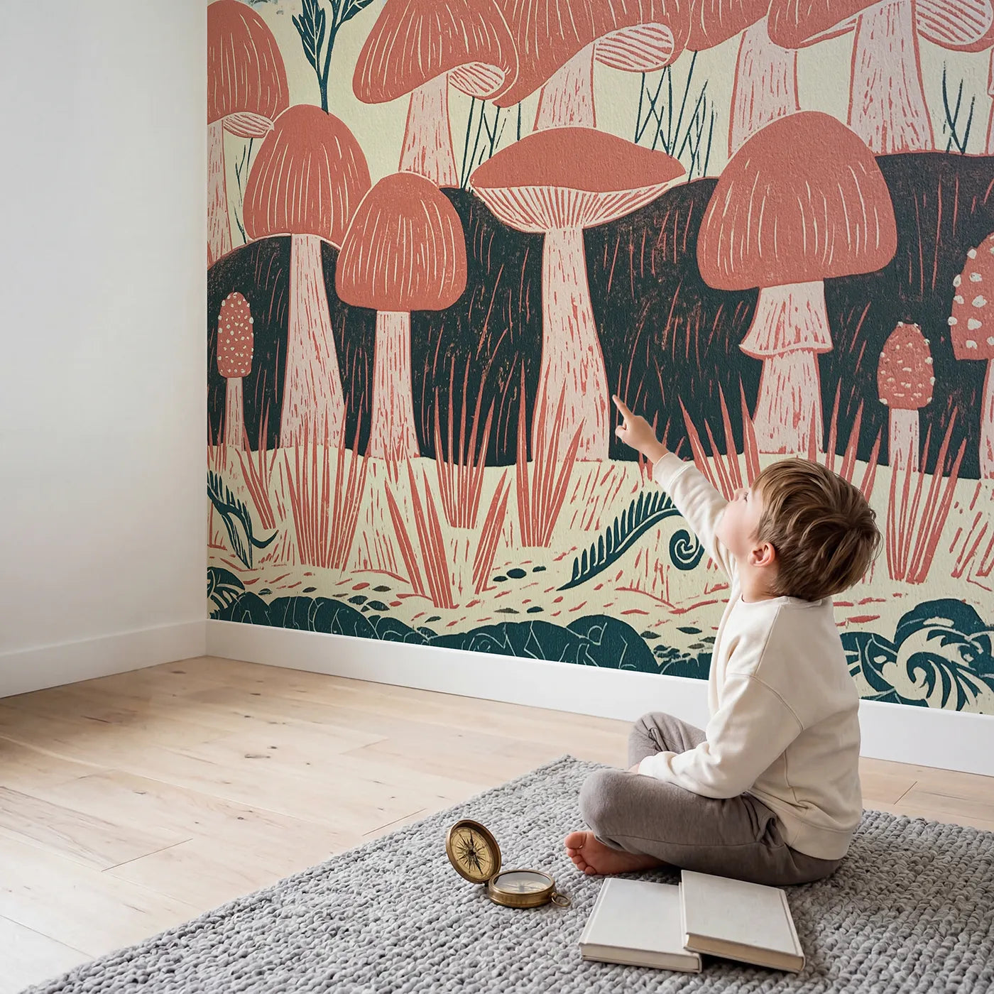 Child in nursery with Linocut Mushroom Ring Wallpaper Mural by Whimsy Tots