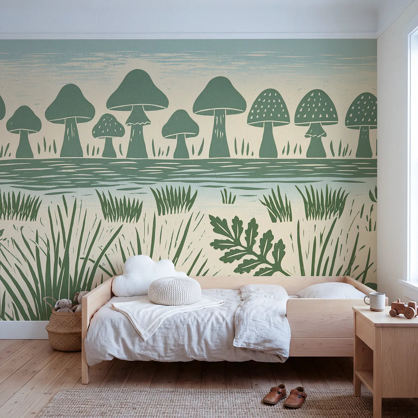 Linocut wall mural of an even toadstool row by Whimsy Tots