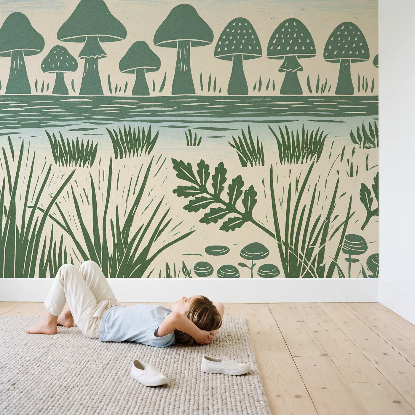 Child in nursery with Linocut Toadstool Row Wallpaper Mural by Whimsy Tots