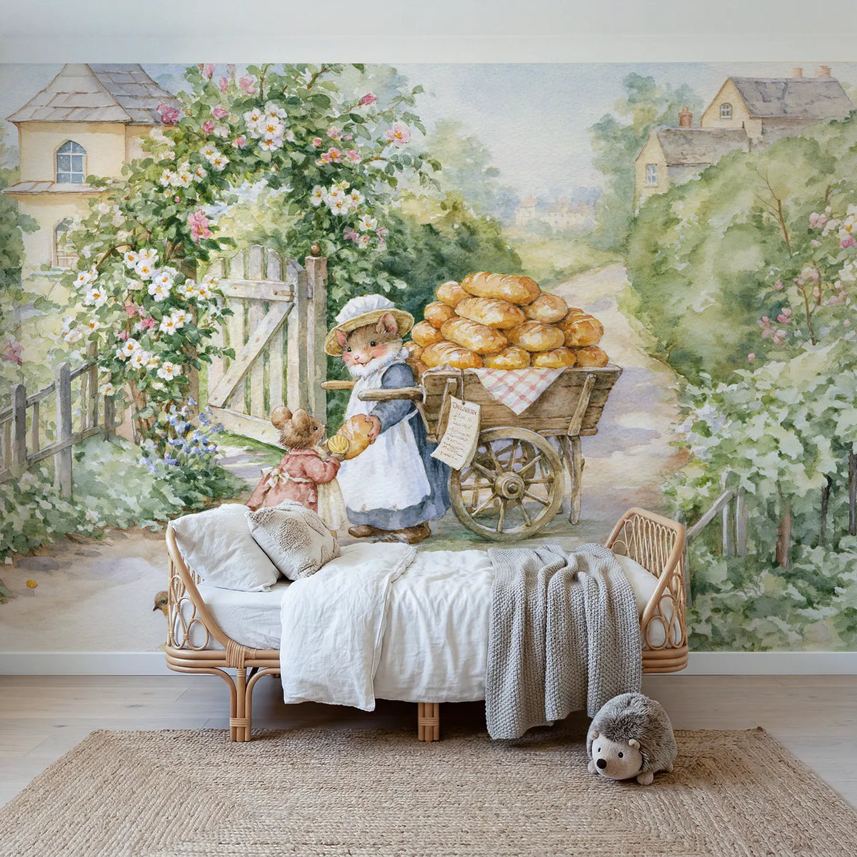 Watercolor gnome pushing a bread cart down a lane, mural for a toddler room by Whimsy Tots