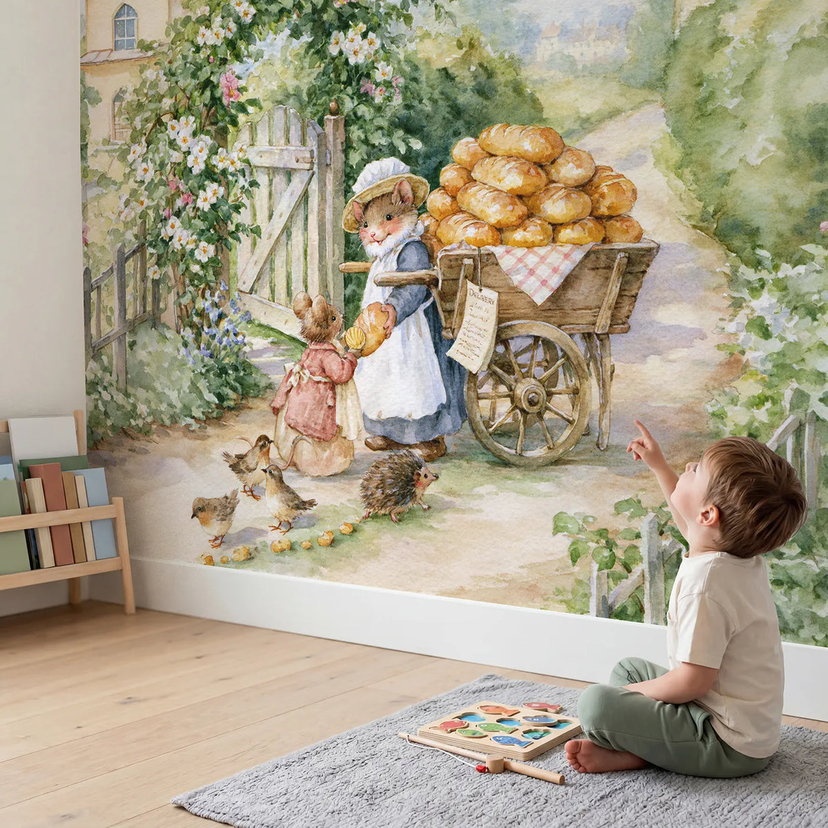 Child in nursery with The Bread Cart Round Wallpaper Mural by Whimsy Tots