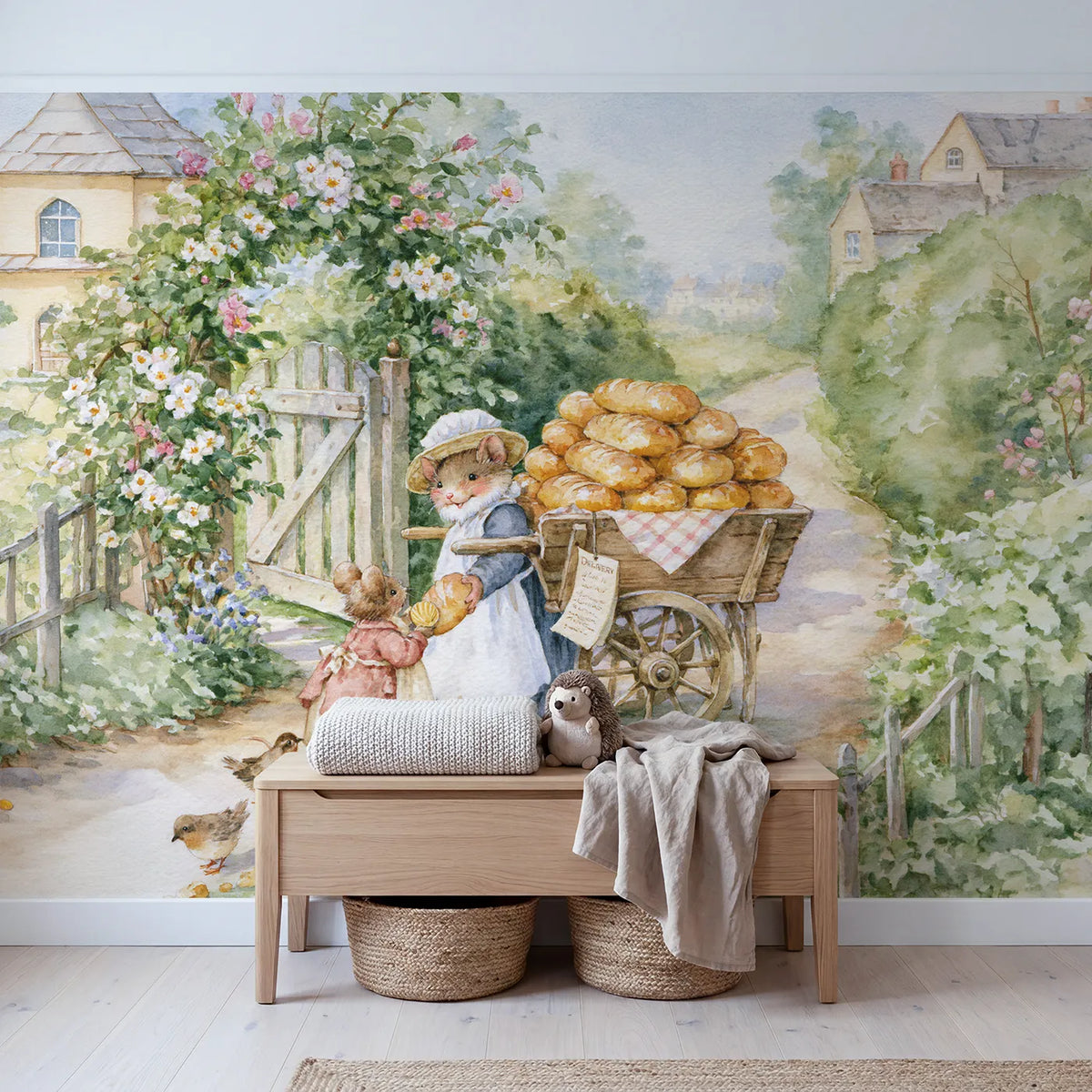 The Bread Cart Round Wallpaper Mural in playroom setting by Whimsy Tots