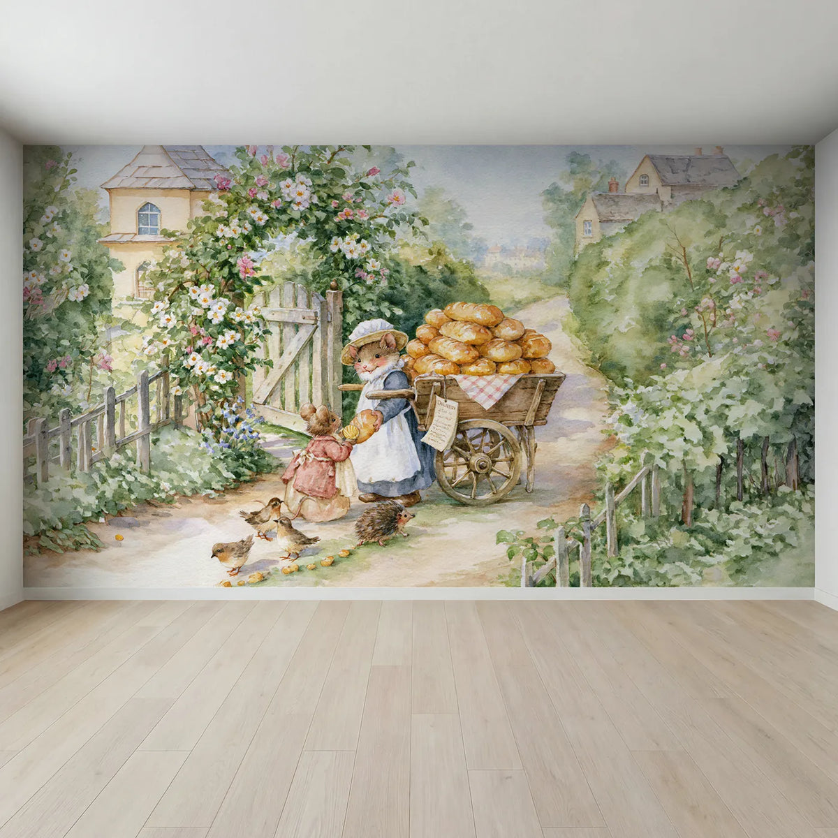 Full view of The Bread Cart Round Wallpaper Mural by Whimsy Tots