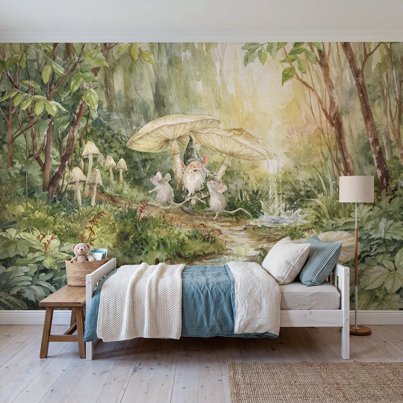 Watercolor mushroom caps held up as umbrellas in rain, mural for a playroom by Whimsy Tots