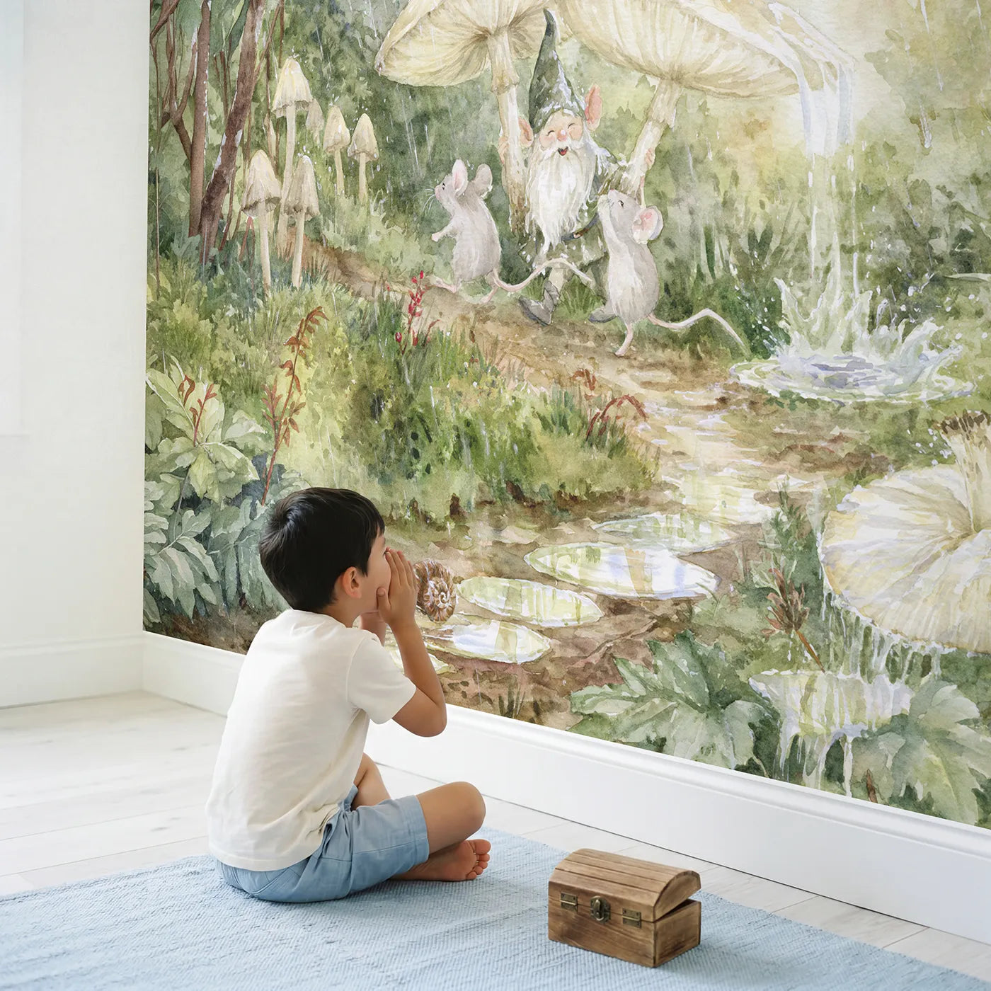 Child in nursery with Mushroom Umbrellas in the Rain Wallpaper Mural by Whimsy Tots