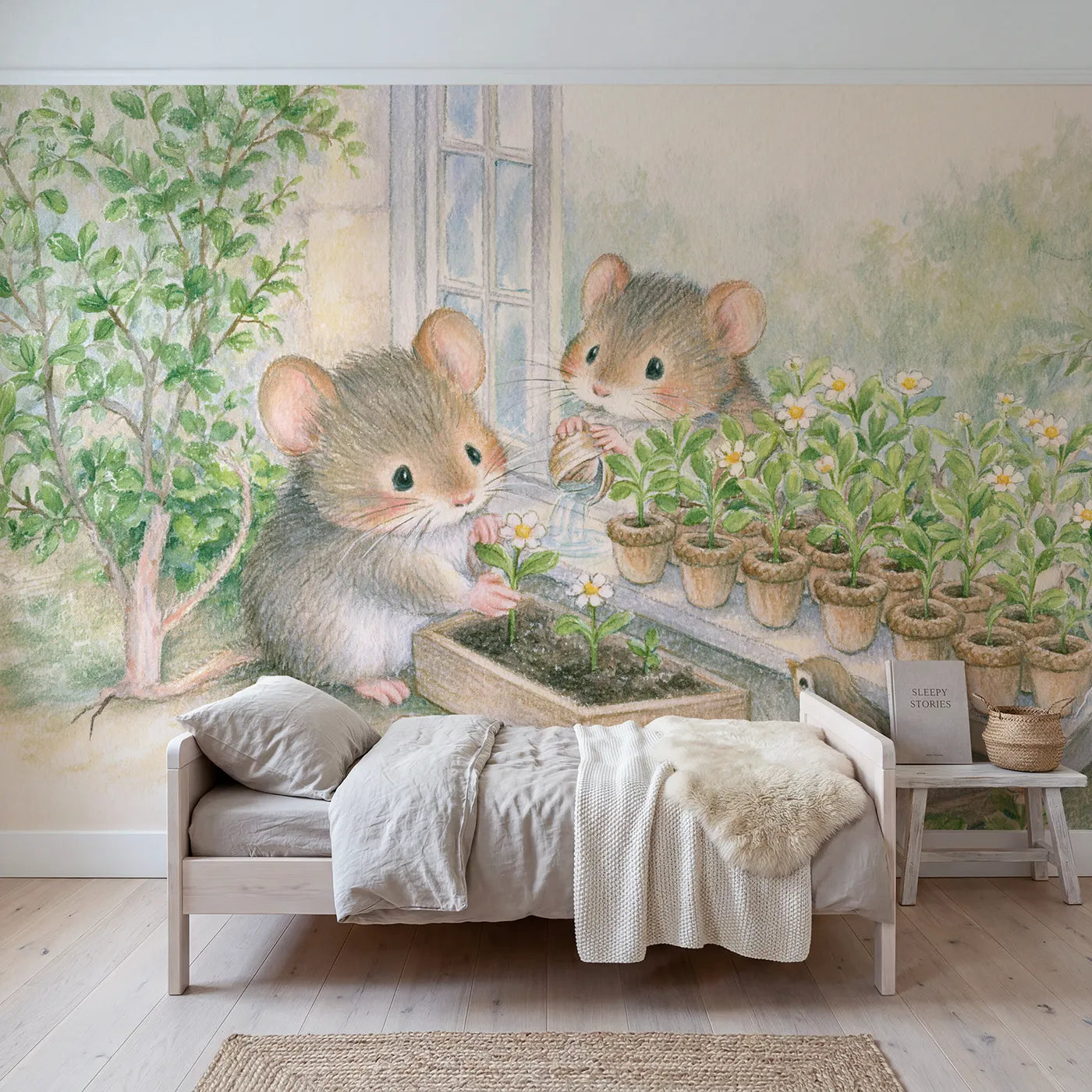 Colored Pencil mice planting a cottage window box, mural for a toddler room by Whimsy Tots
