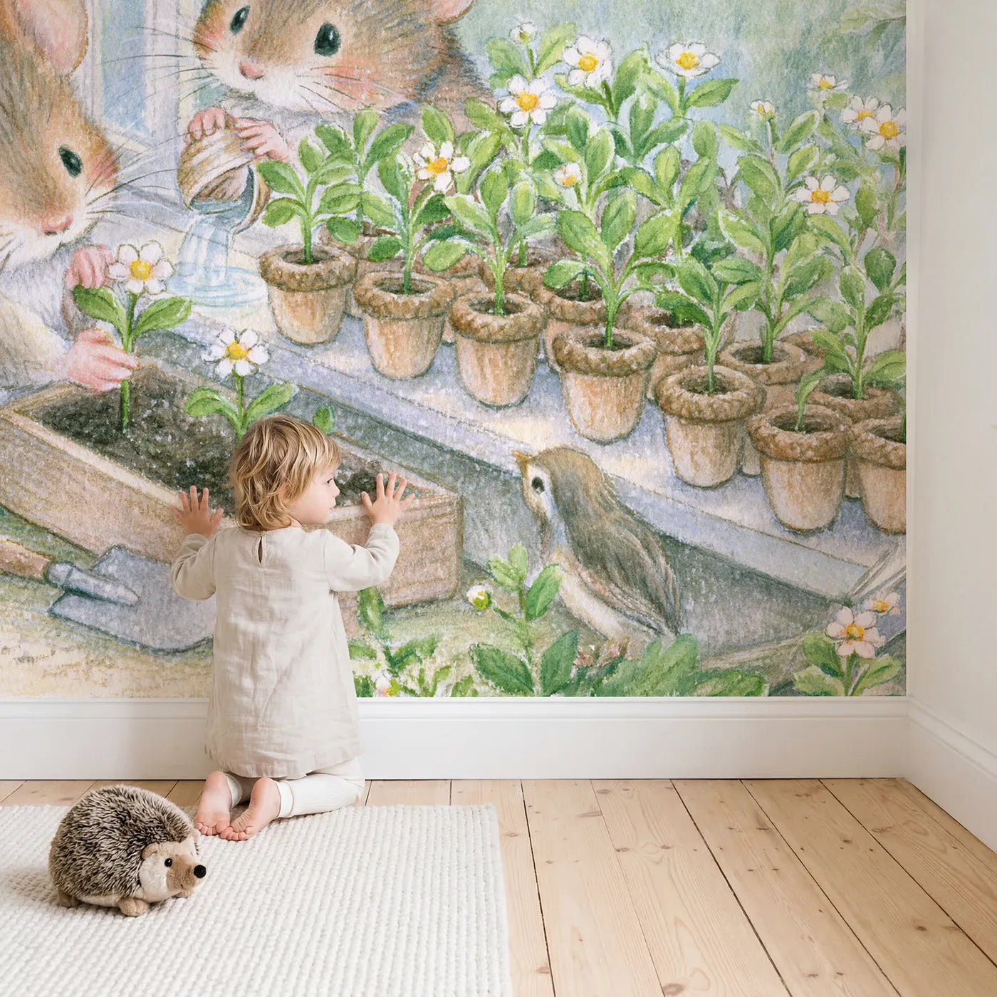 Child in nursery with Planting the Window Box Wallpaper Mural by Whimsy Tots