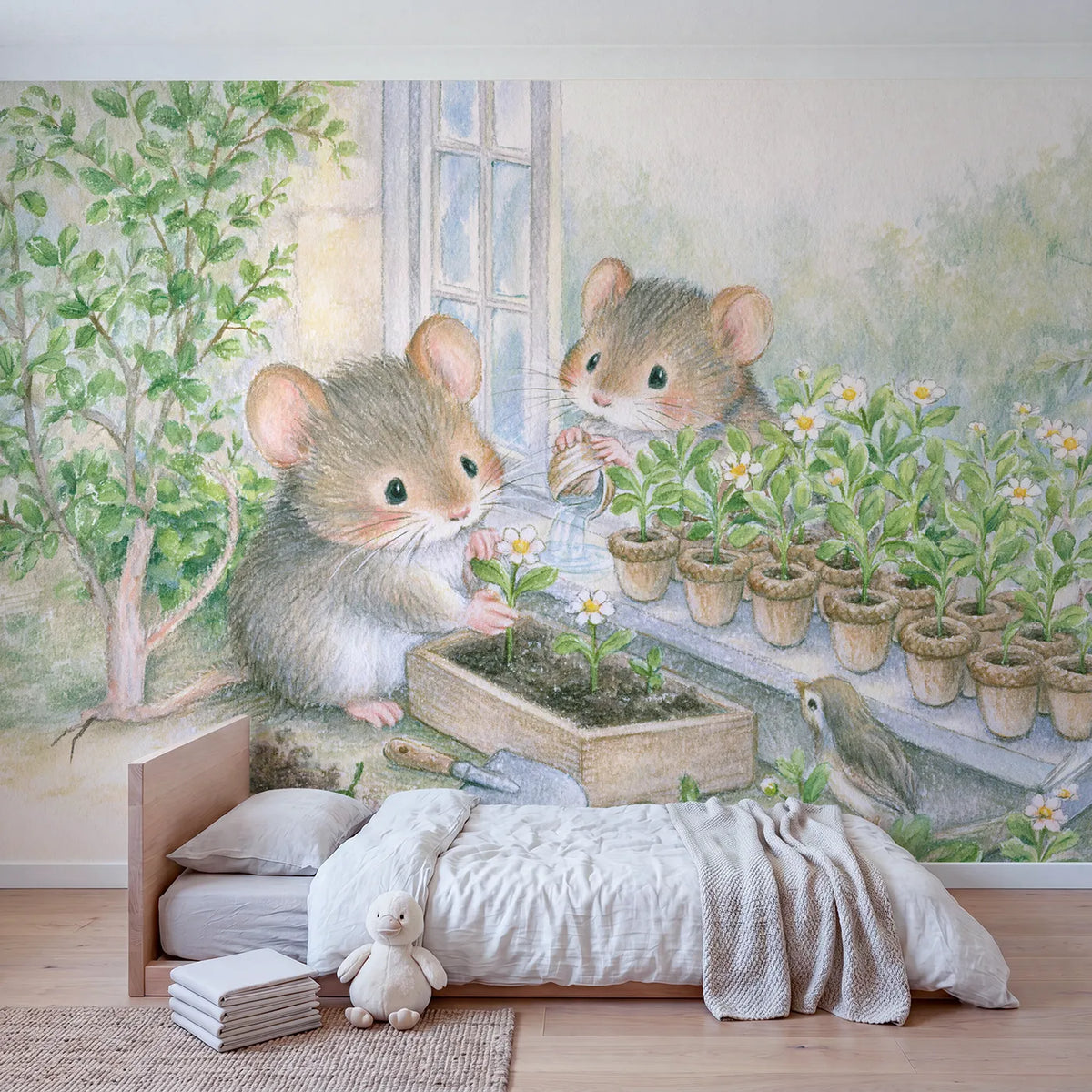 Planting the Window Box Wallpaper Mural in playroom setting by Whimsy Tots