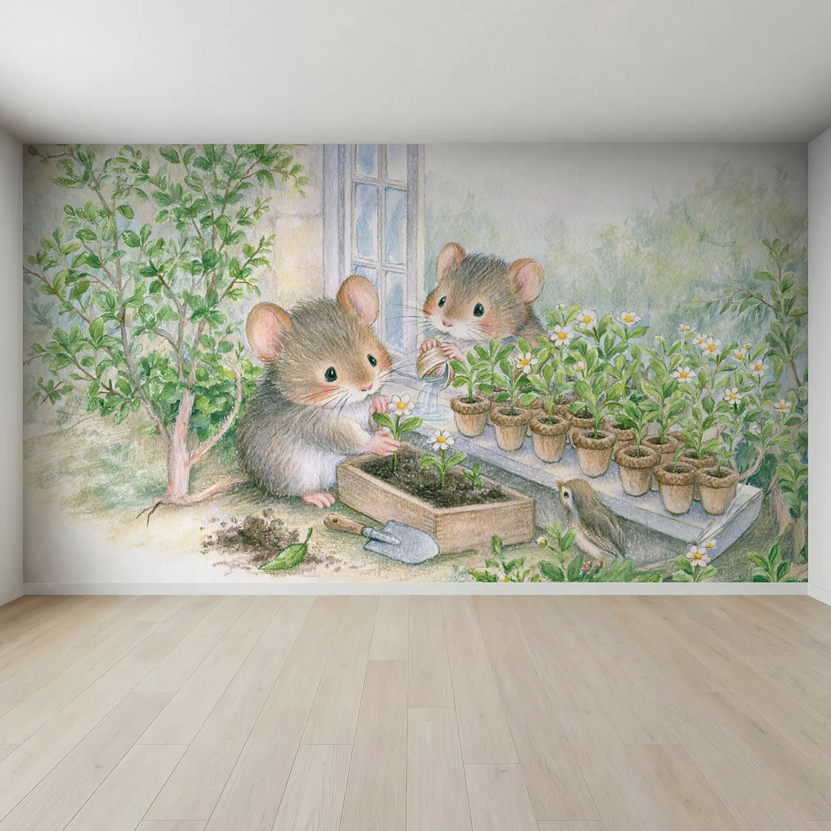 Full view of Planting the Window Box Wallpaper Mural by Whimsy Tots