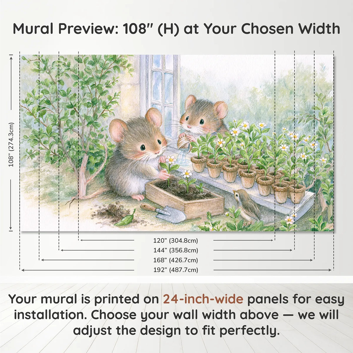 Panel layout and dimensions for Planting the Window Box Wallpaper Mural by Whimsy Tots