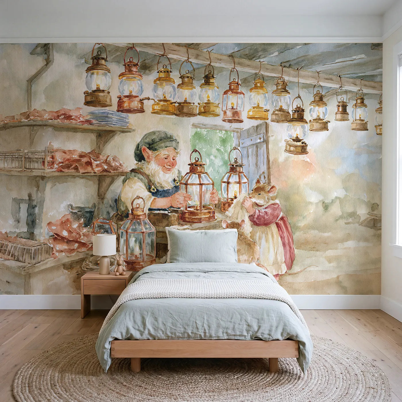 Watercolor lantern workshop with copper frames and glass, mural for a bedroom by Whimsy Tots