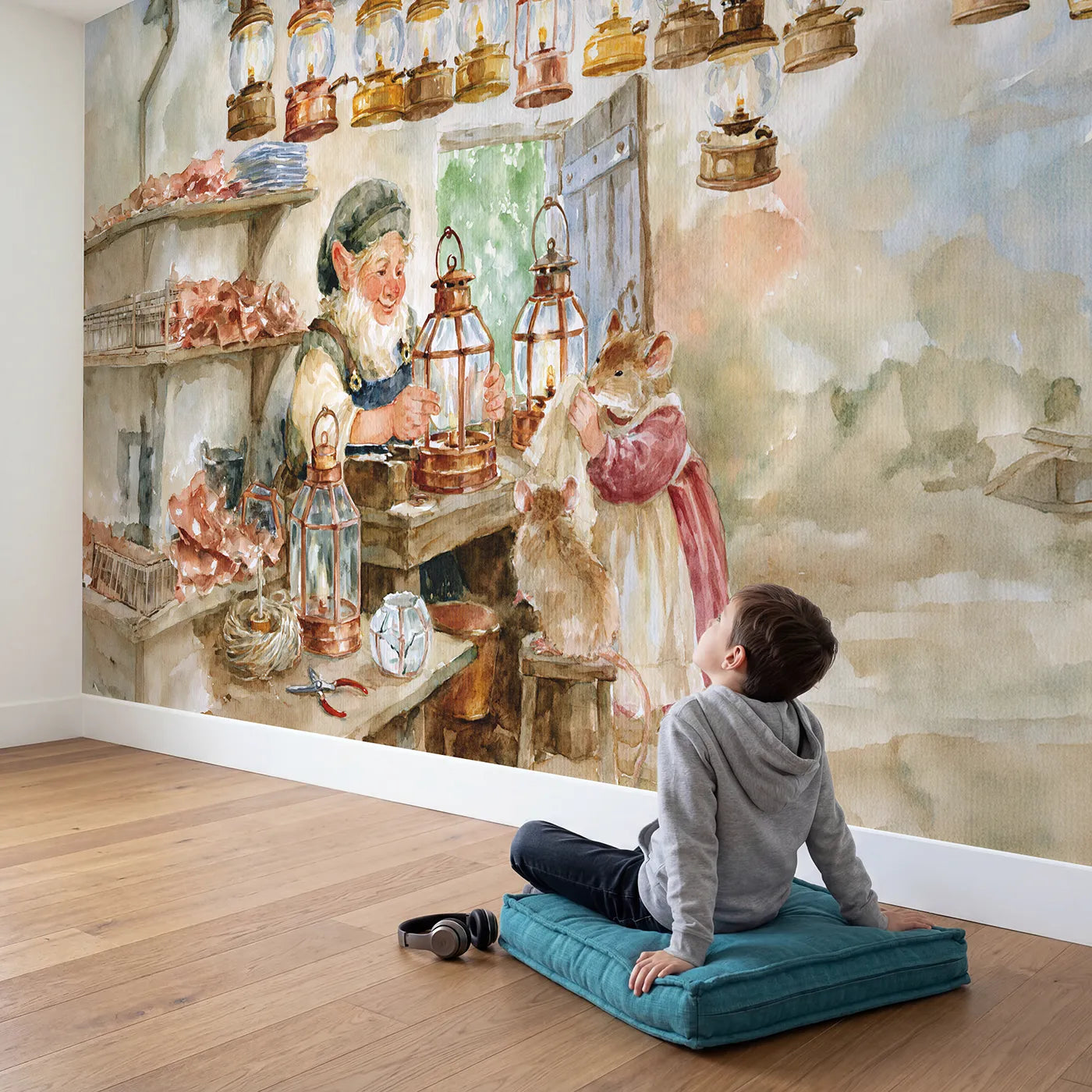 Child in nursery with The Lantern Workshop Wallpaper Mural by Whimsy Tots