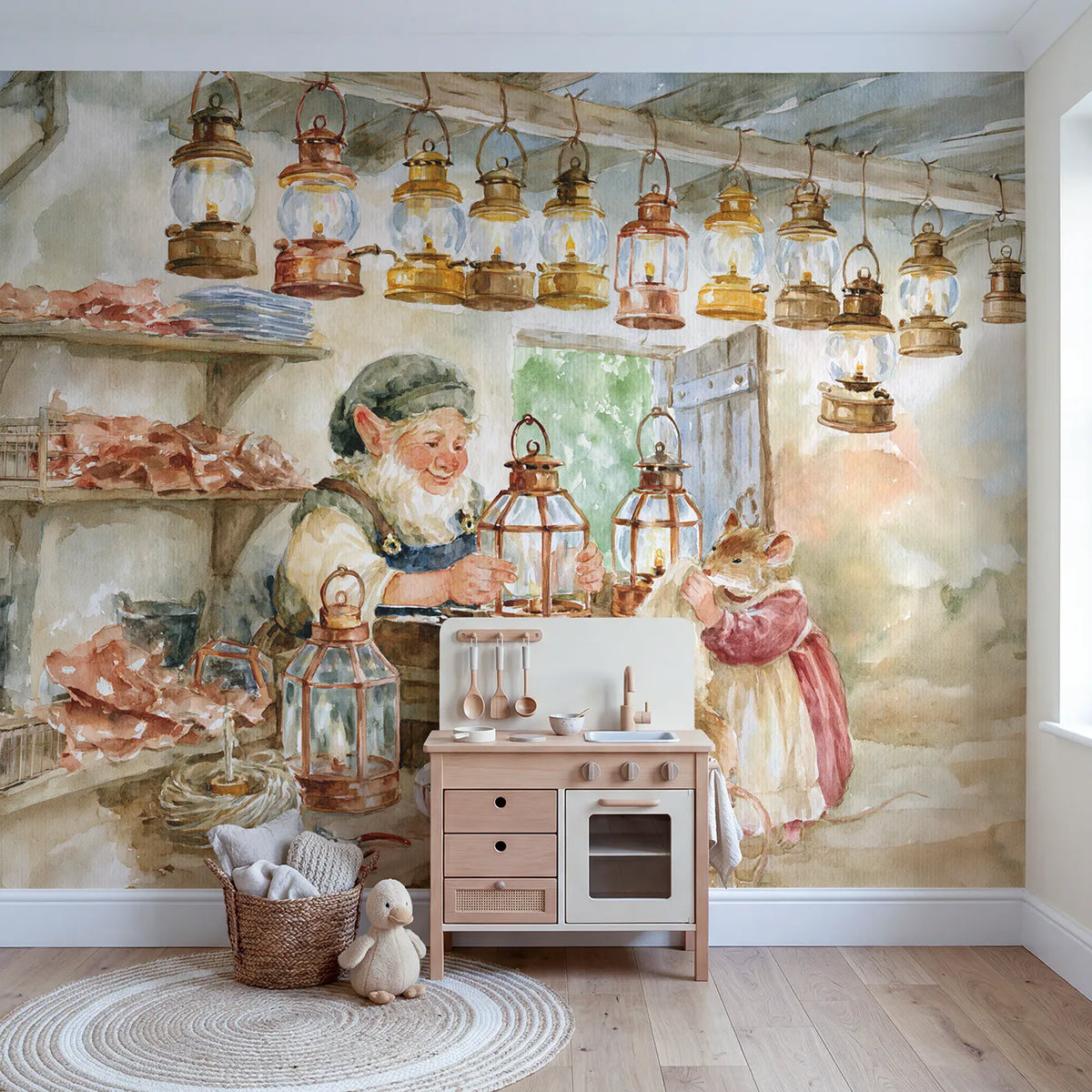 The Lantern Workshop Wallpaper Mural in playroom setting by Whimsy Tots