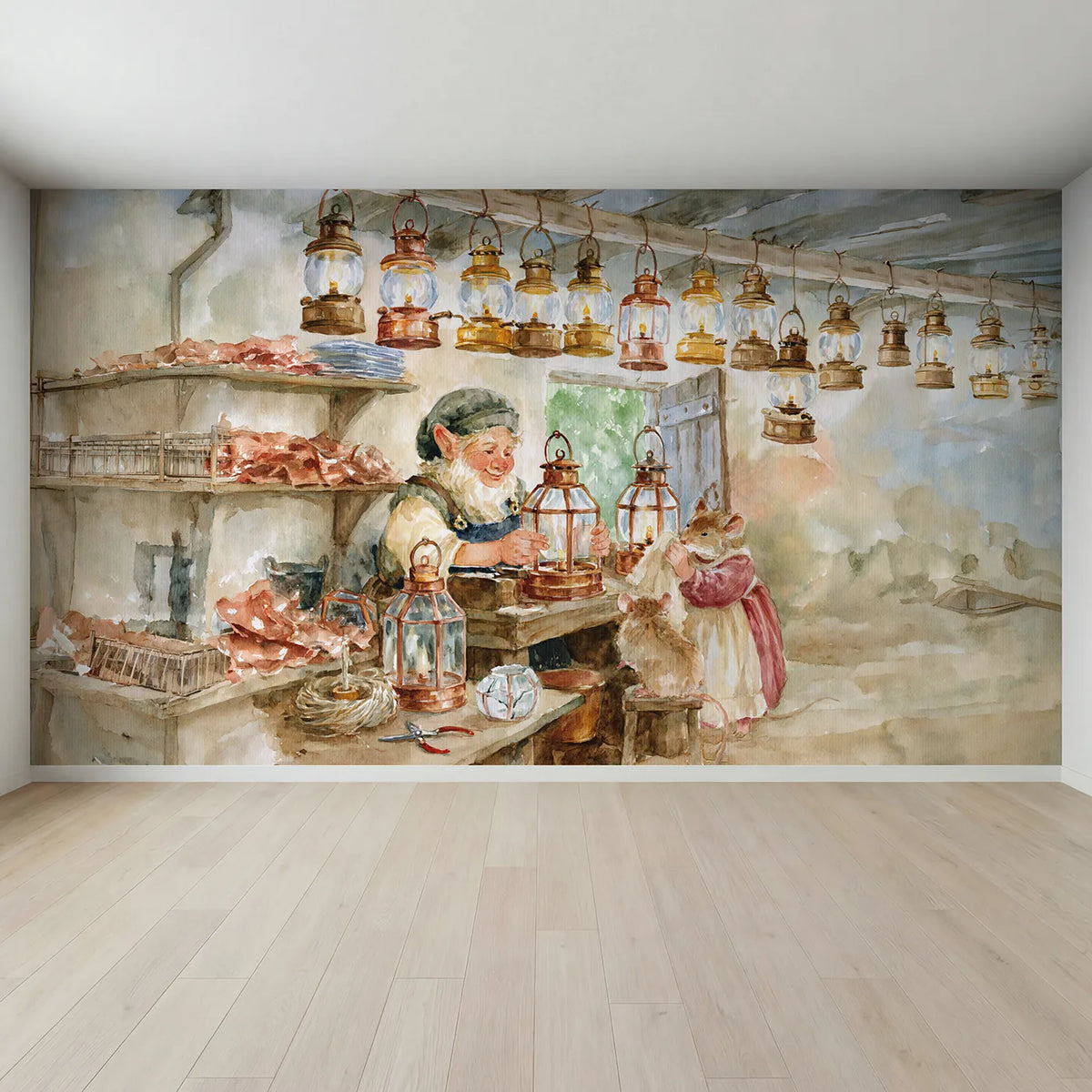 Full view of The Lantern Workshop Wallpaper Mural by Whimsy Tots