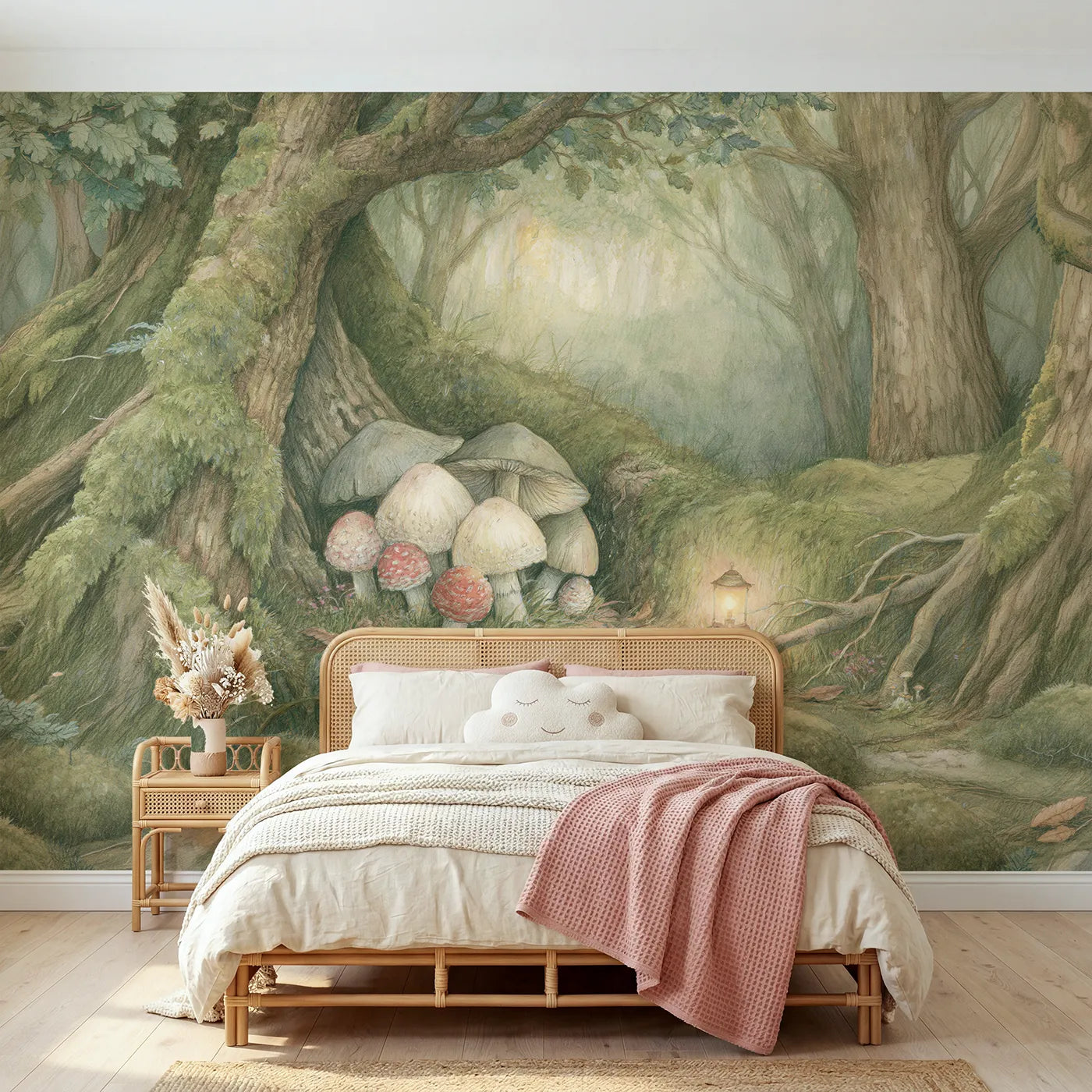 Storybook wall mural of a cozy mushroom gathering by Whimsy Tots