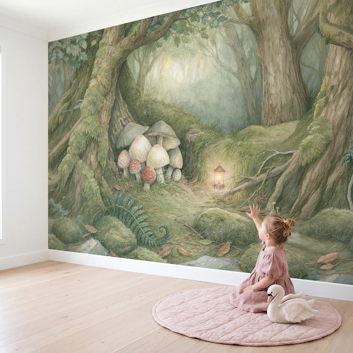 Child in nursery with Cozy Mushroom Story Wallpaper Mural by Whimsy Tots