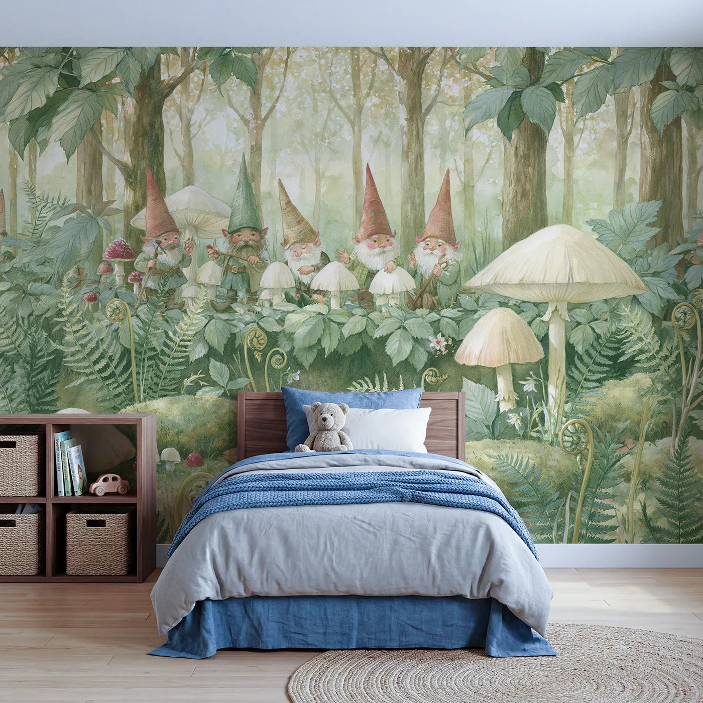 Storybook wall mural of gathered gnome friends by Whimsy Tots