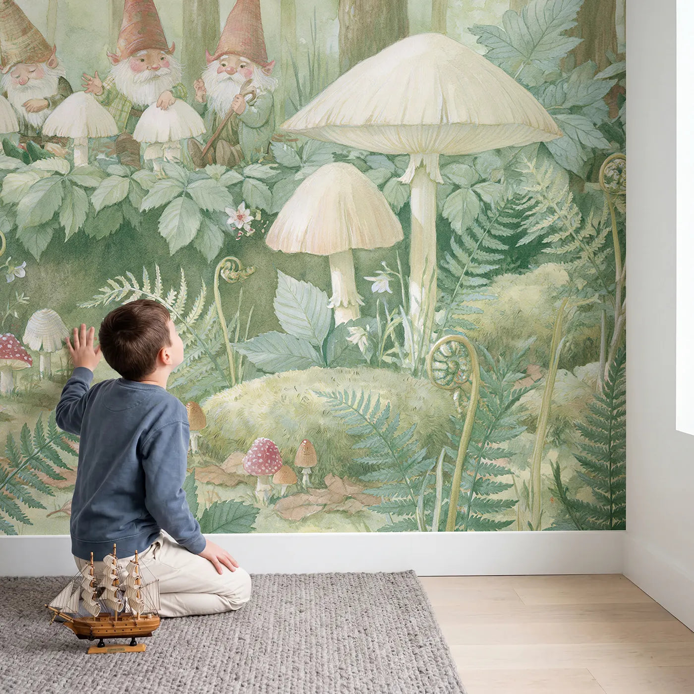 Child in nursery with Gnome Forest Friends Wallpaper Mural by Whimsy Tots
