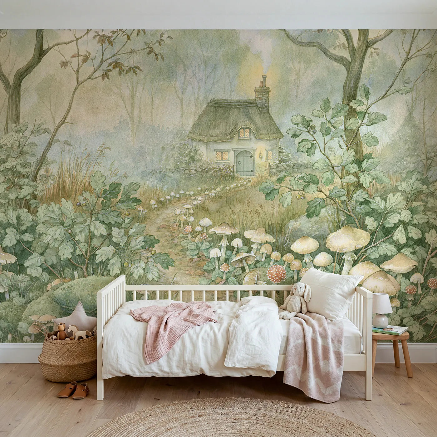 Storybook wall mural of a toadstool cottage lane by Whimsy Tots