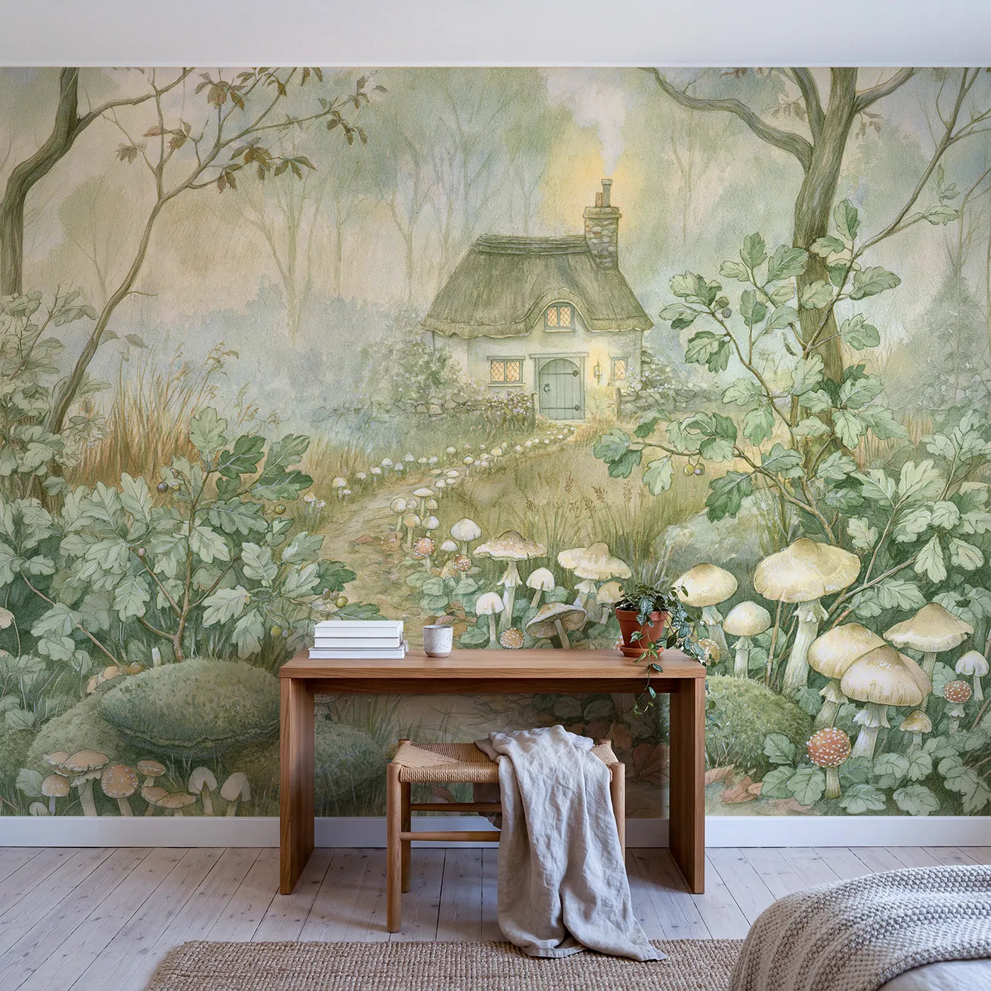 Toadstool Cottage Lane Wallpaper Mural in playroom setting by Whimsy Tots