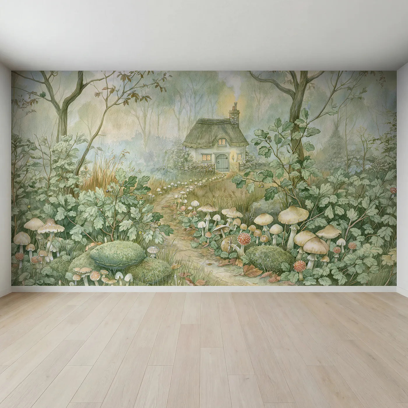 Full view of Toadstool Cottage Lane Wallpaper Mural by Whimsy Tots