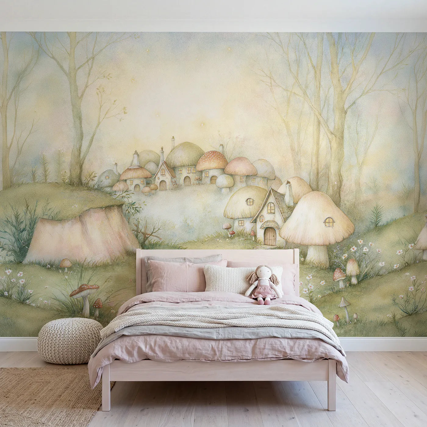 Storybook wall mural of a little mushroom town by Whimsy Tots
