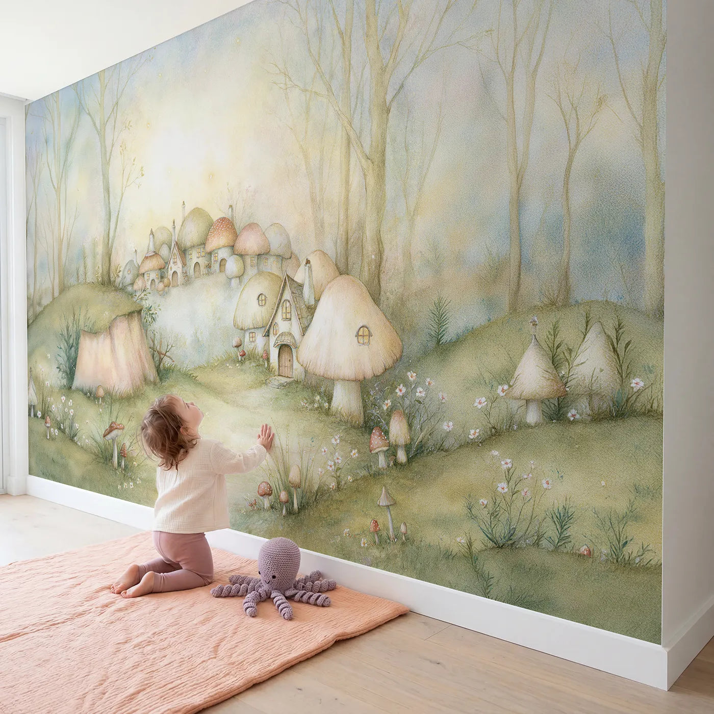 Child in nursery with Whimsical Mushroom Town Wallpaper Mural by Whimsy Tots