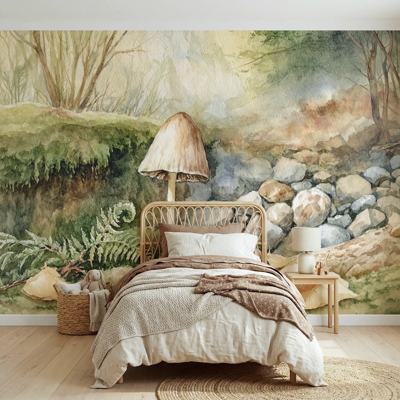 Watercolor wall mural of a slender inkcap mushroom by Whimsy Tots