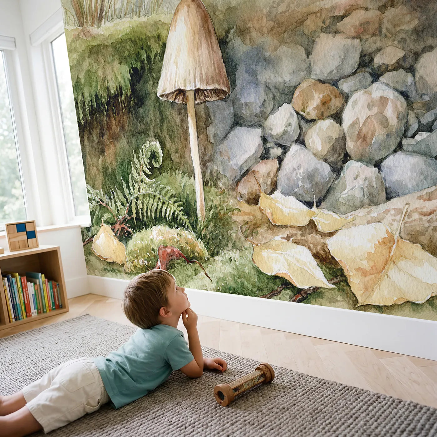 Child in nursery with Inkcap Mushroom Study Wallpaper Mural by Whimsy Tots