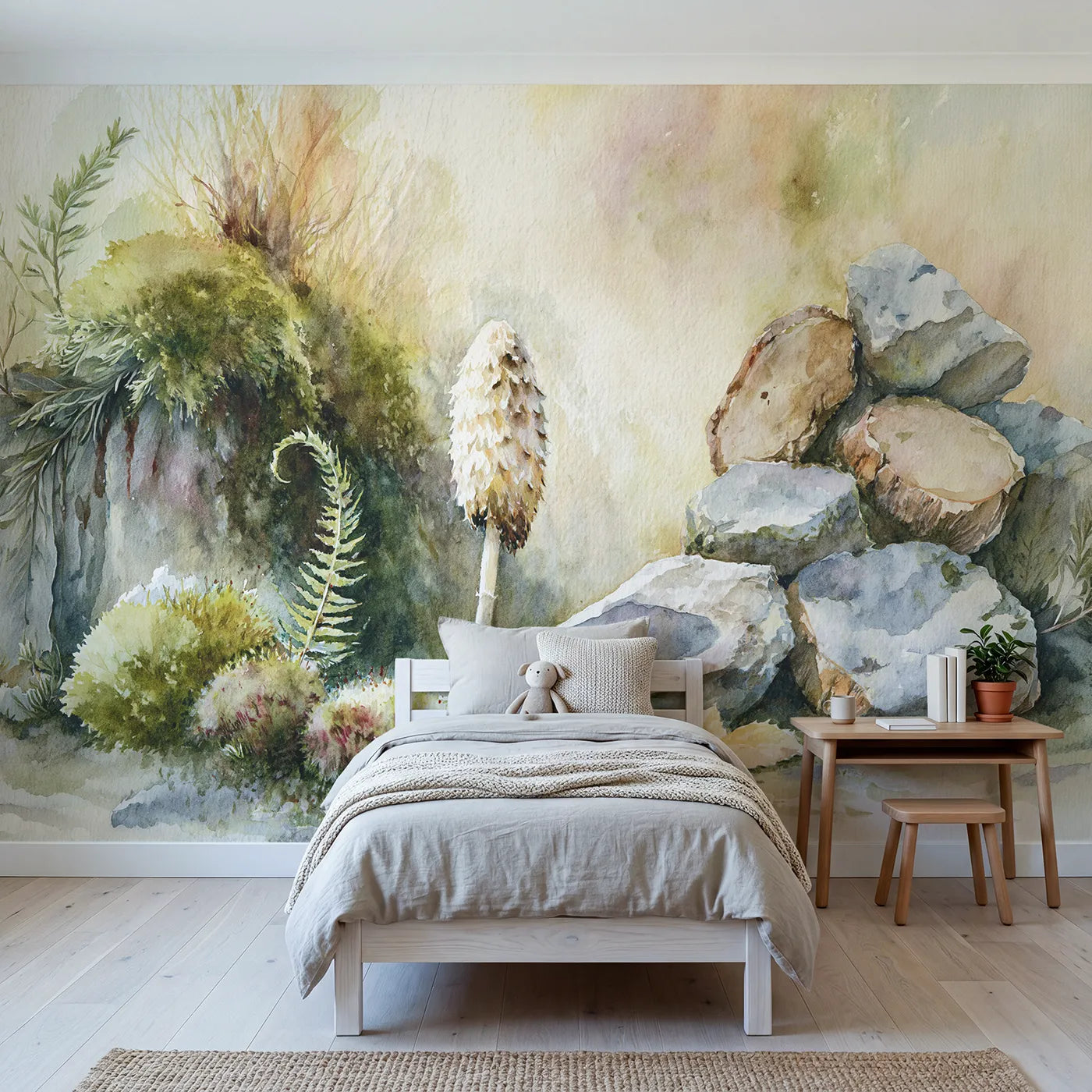 Watercolor wall mural of a shaggy mane mushroom by Whimsy Tots