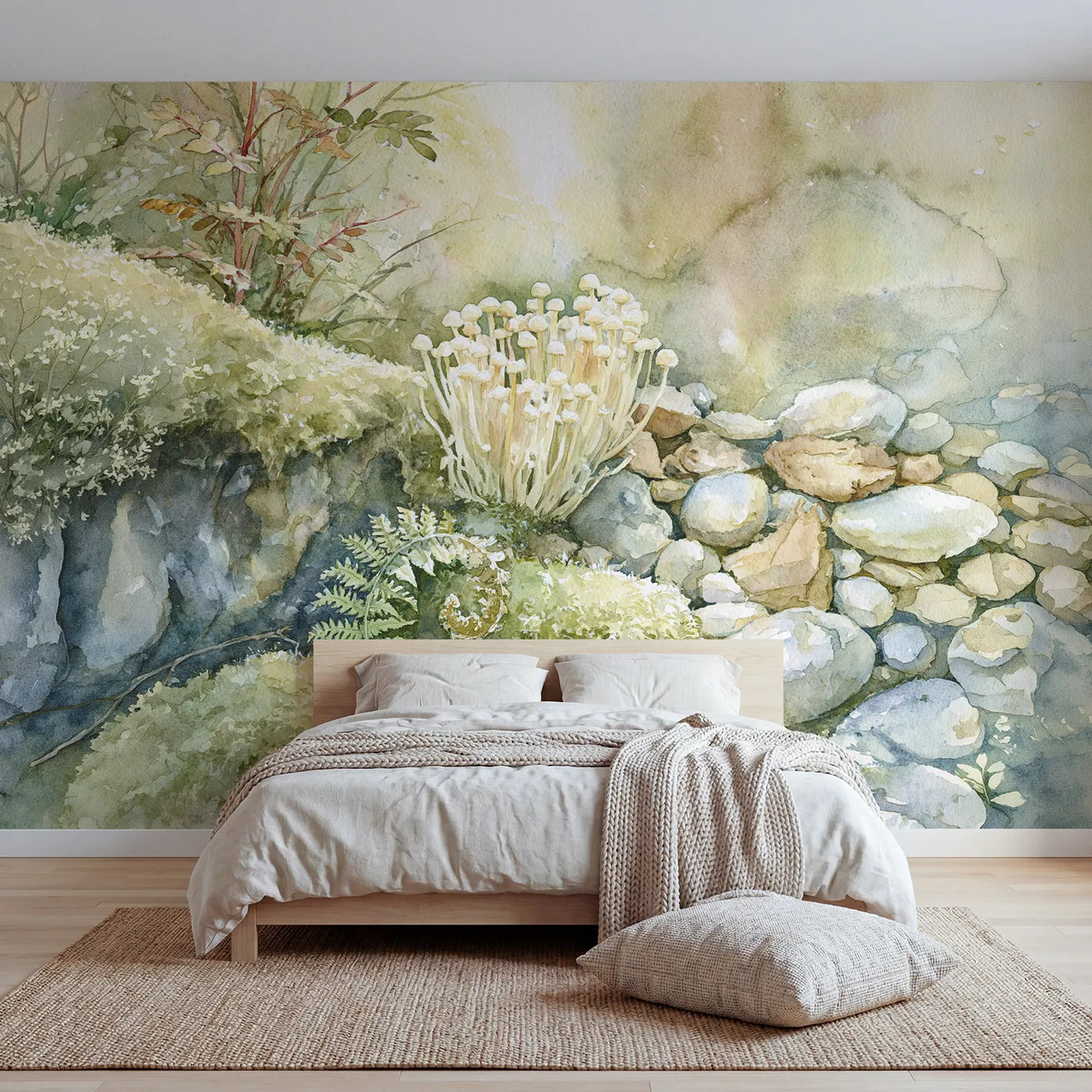 Watercolor wall mural of a delicate enoki cluster by Whimsy Tots