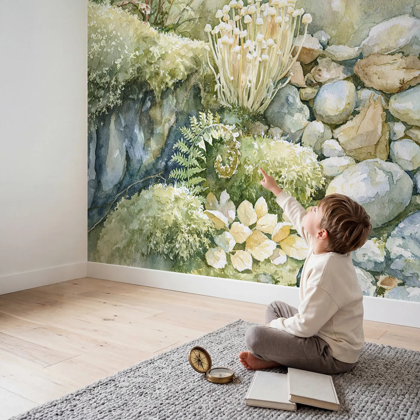 Child in nursery with Enoki Mushroom Study Wallpaper Mural by Whimsy Tots