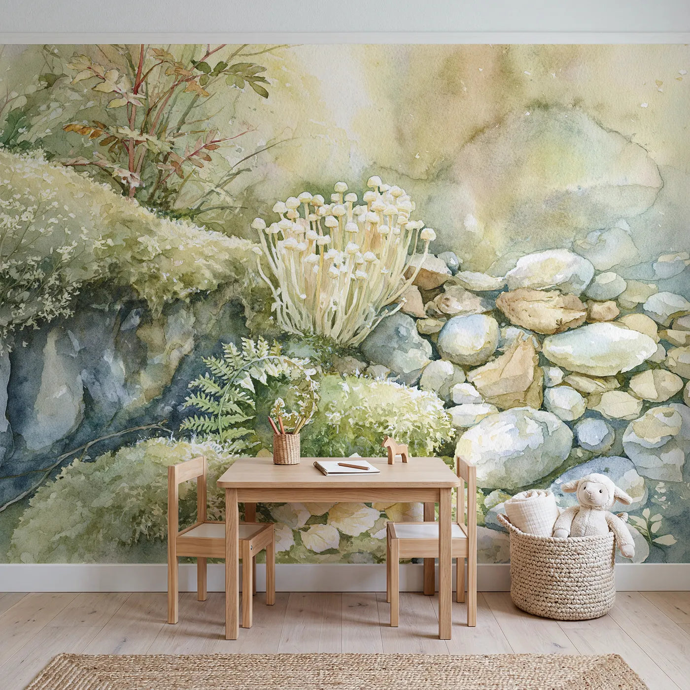 Enoki Mushroom Study Wallpaper Mural in playroom setting by Whimsy Tots