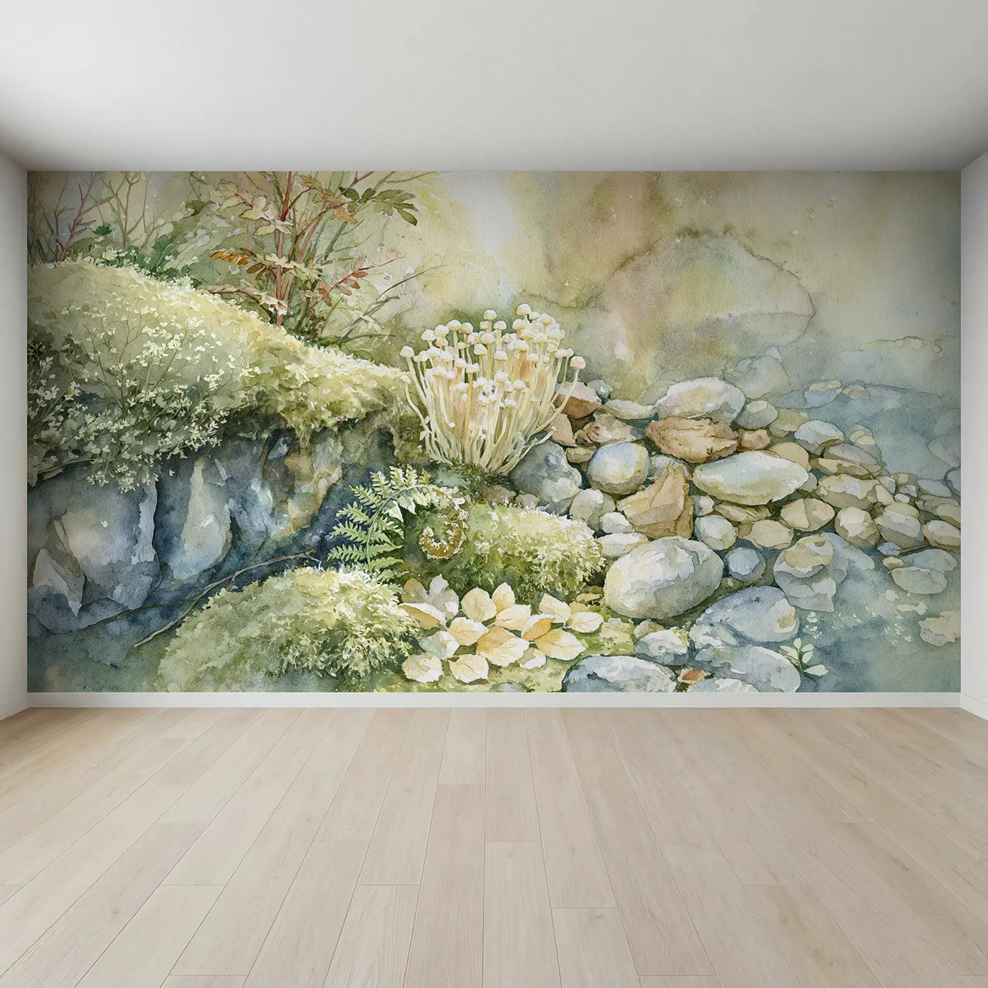Full view of Enoki Mushroom Study Wallpaper Mural by Whimsy Tots