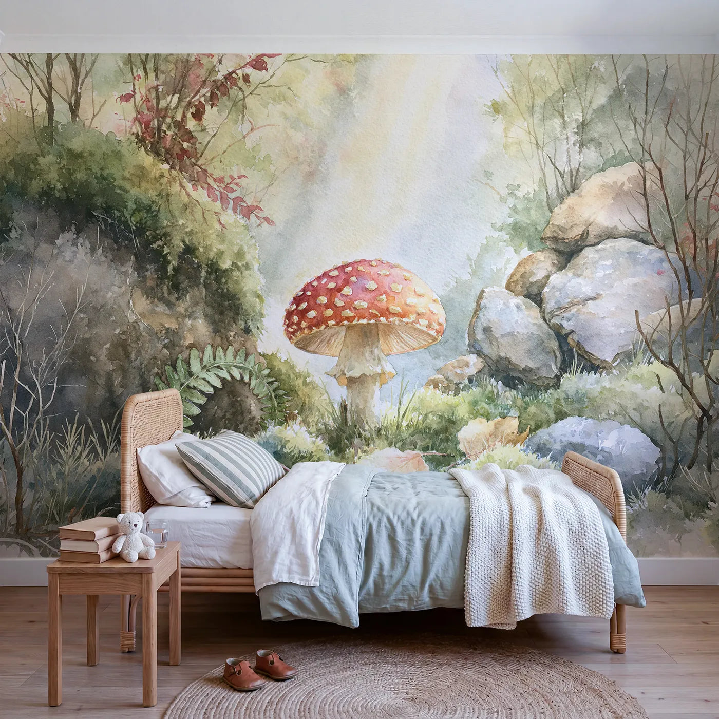 Watercolor wall mural of a spotted forest toadstool by Whimsy Tots