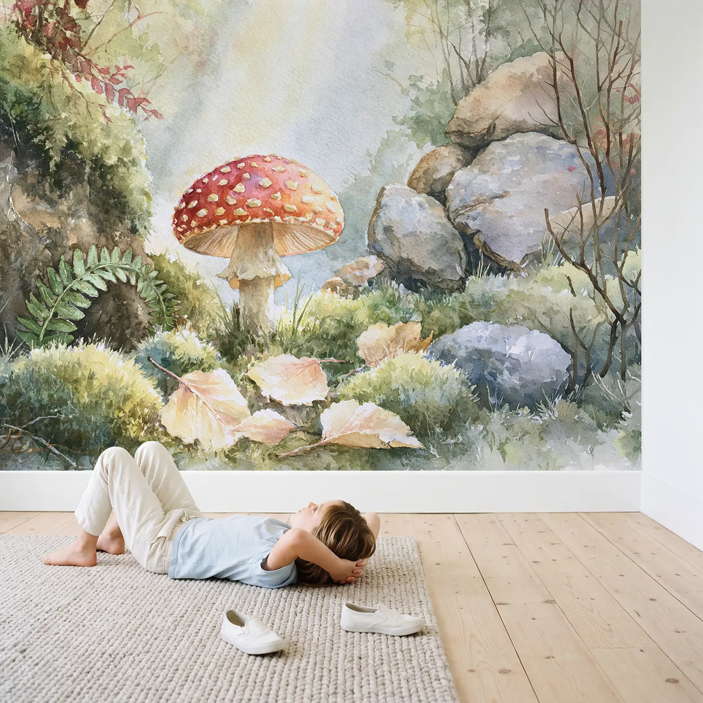 Child in nursery with Forest Toadstool Study Wallpaper Mural by Whimsy Tots