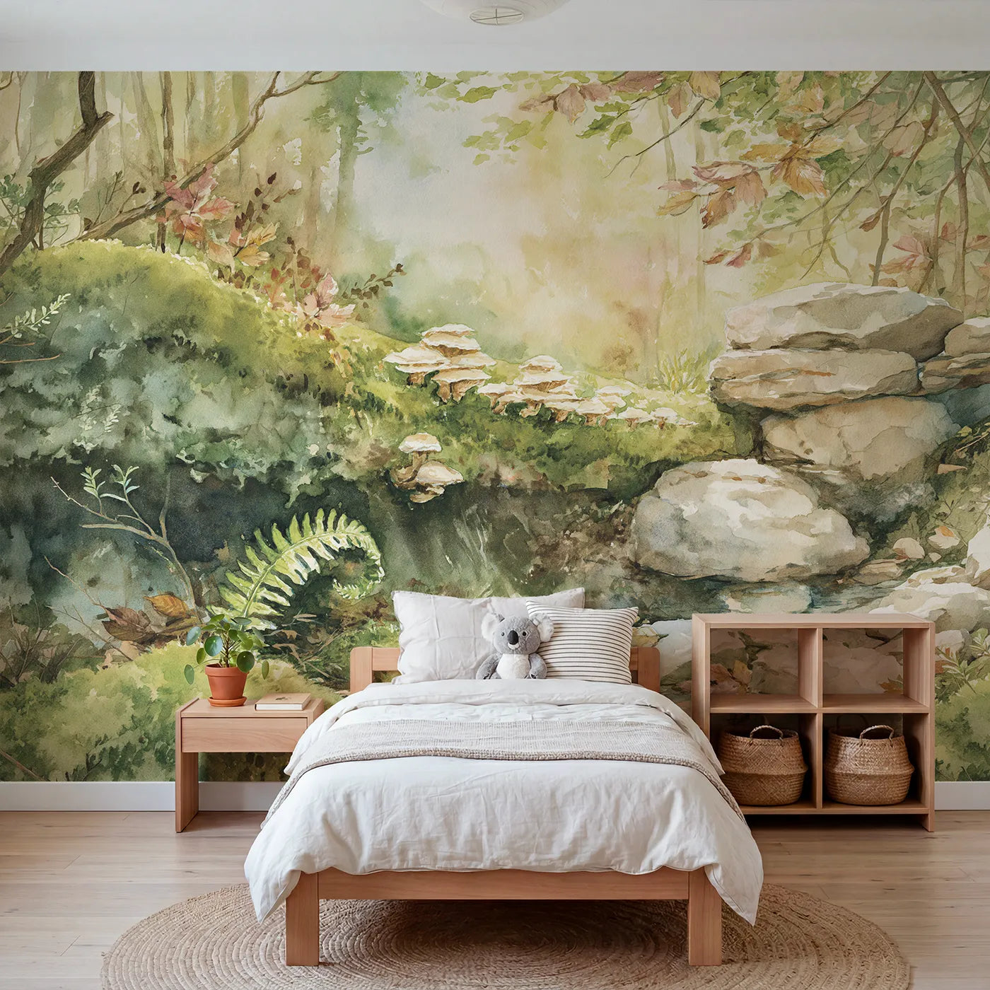 Watercolor wall mural of little fungi on a mossy log by Whimsy Tots