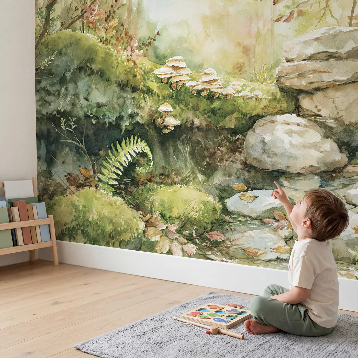 Child in nursery with Mossy Log Fungi Wallpaper Mural by Whimsy Tots