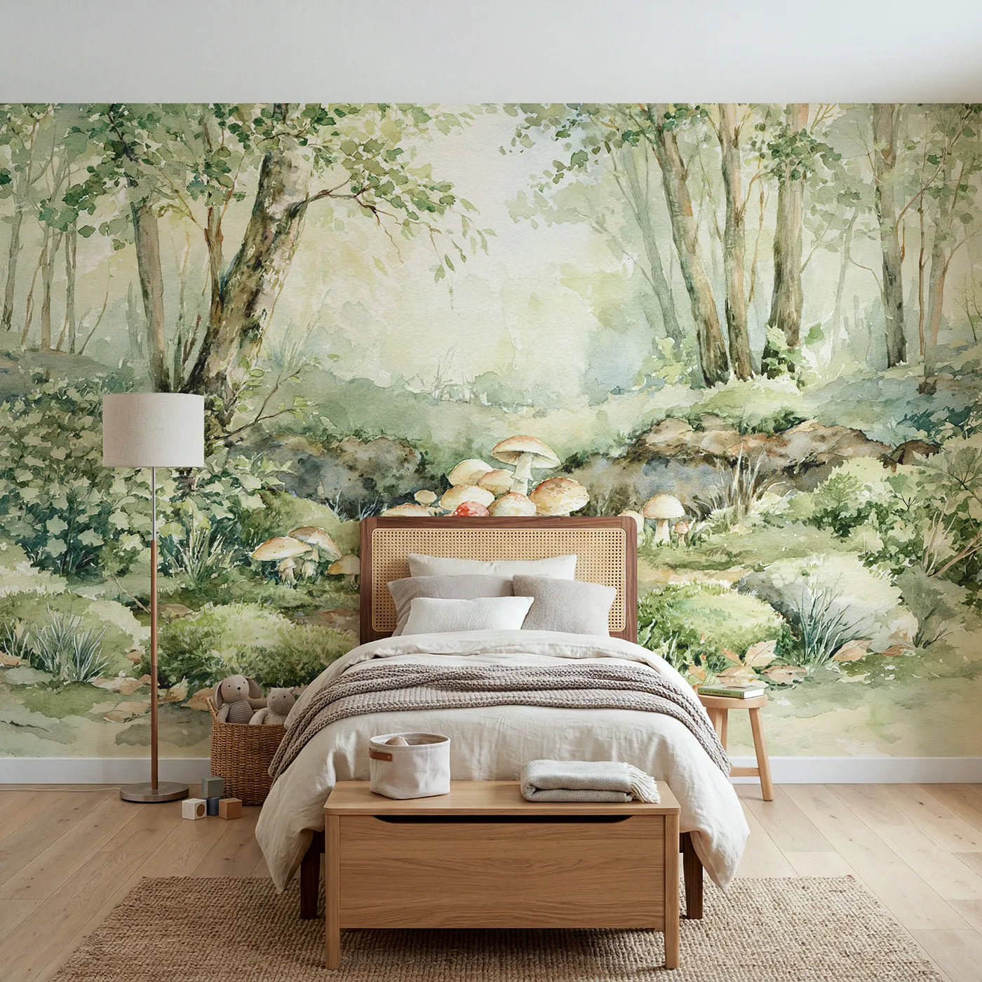 Watercolor wall mural of scattered forest mushrooms by Whimsy Tots