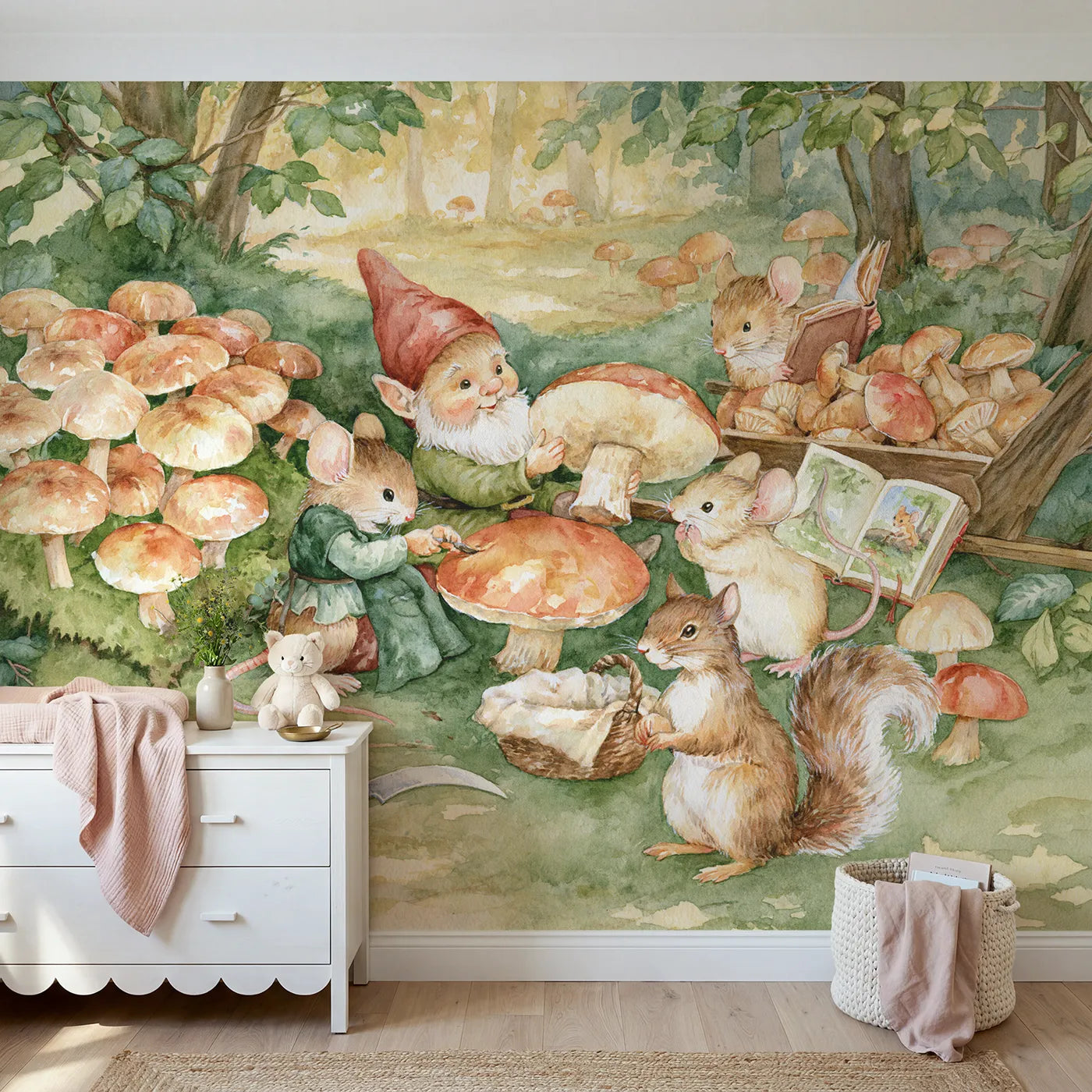 Watercolor mushroom harvest checked against a book, mural for a big-kid bedroom by Whimsy Tots