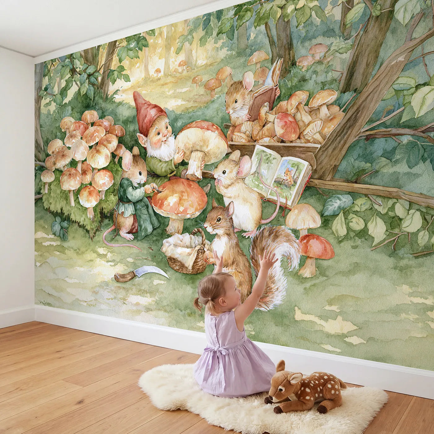 Child in nursery with The Mushroom Harvest Wallpaper Mural by Whimsy Tots