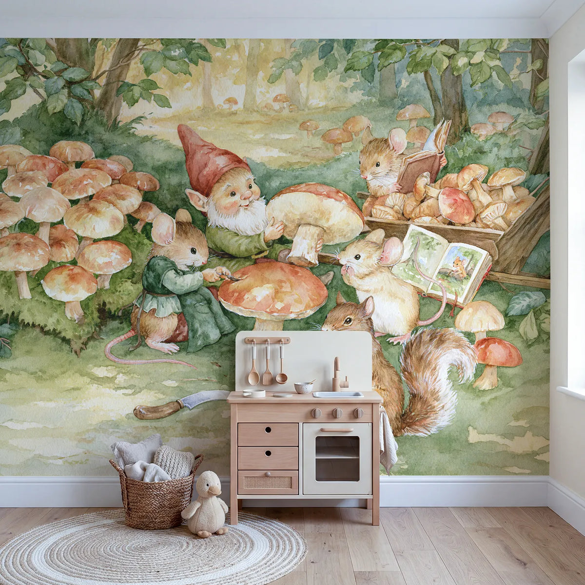 The Mushroom Harvest Wallpaper Mural in playroom setting by Whimsy Tots