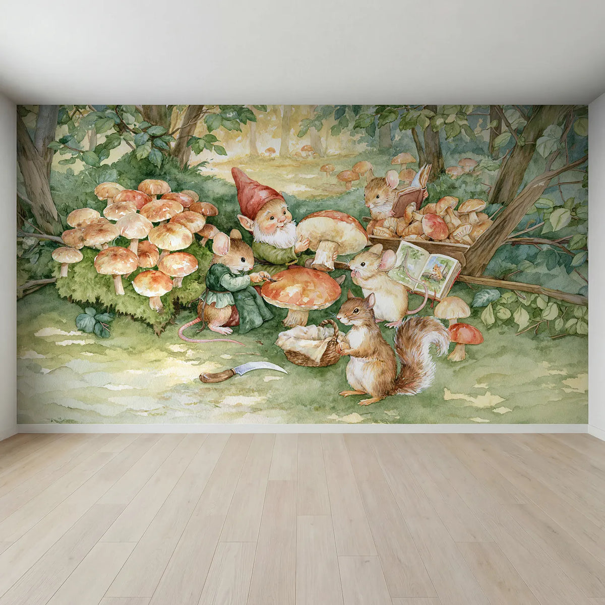 Full view of The Mushroom Harvest Wallpaper Mural by Whimsy Tots