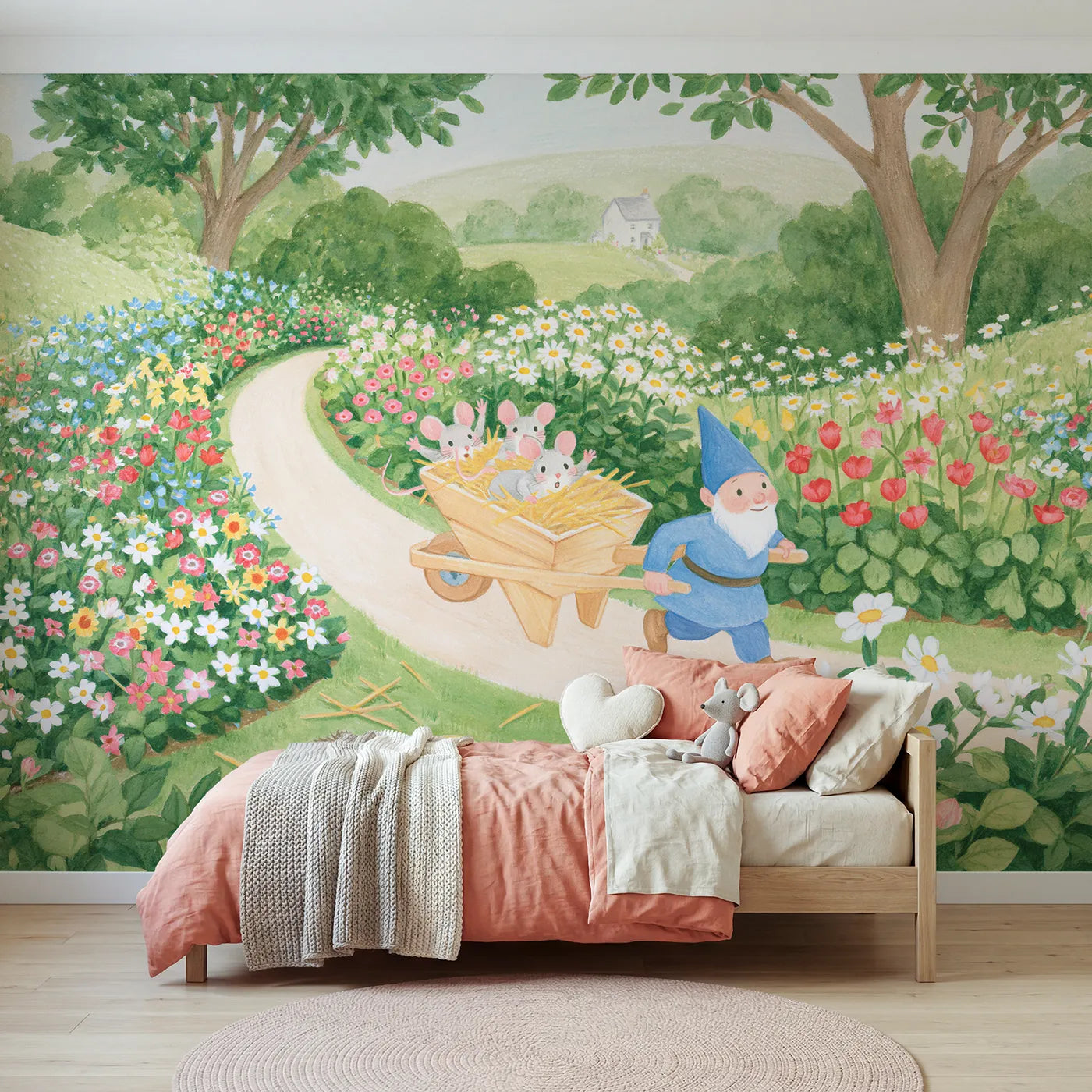 Colored Pencil mice riding a wheelbarrow down a path, mural for a playroom by Whimsy Tots