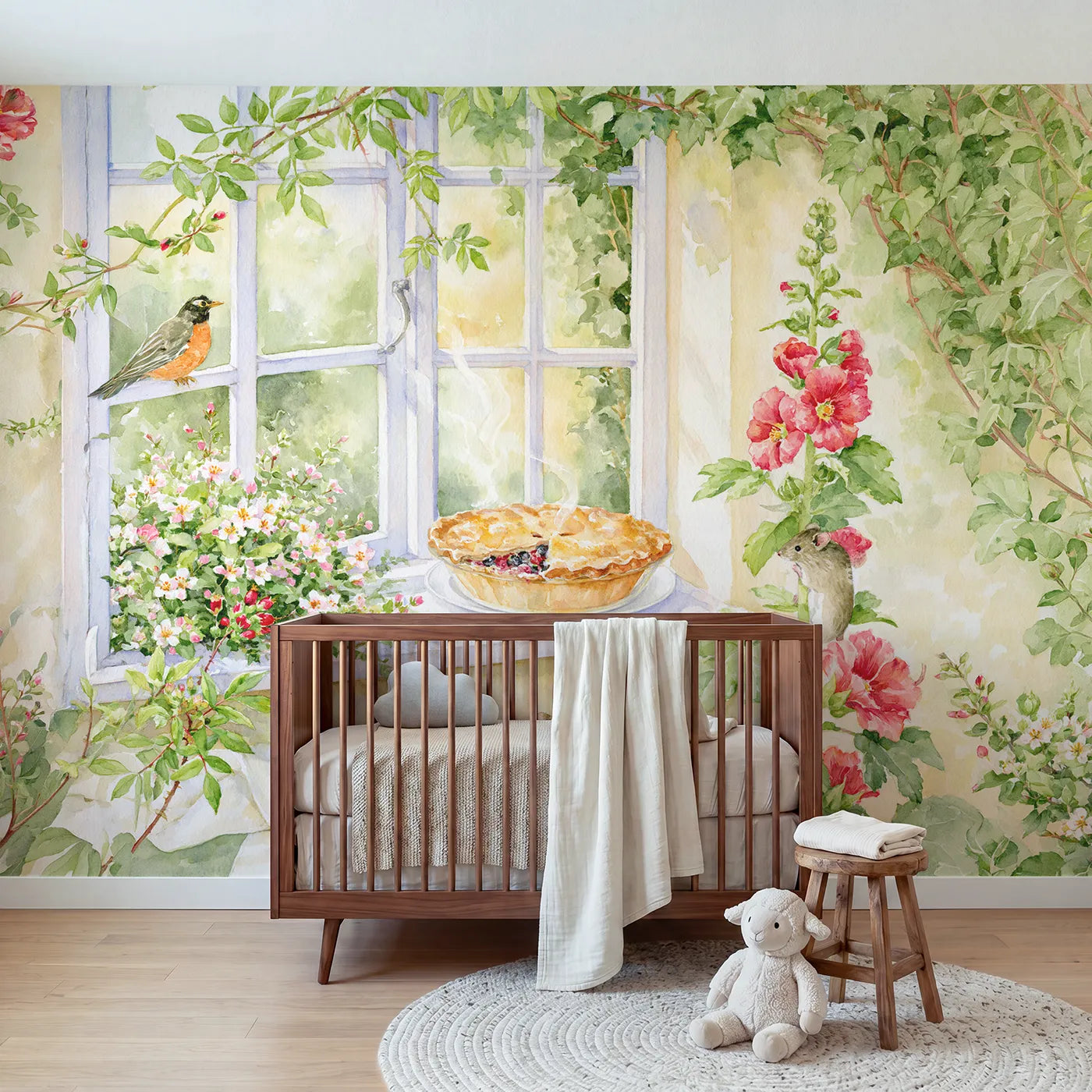 Watercolor berry pie cooling on a sill with plotting mice, mural for a playroom by Whimsy Tots