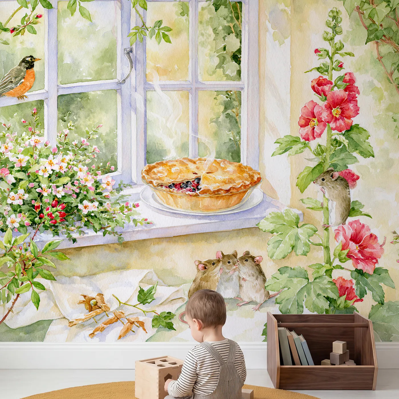 Child in nursery with The Cooling Pie Wallpaper Mural by Whimsy Tots