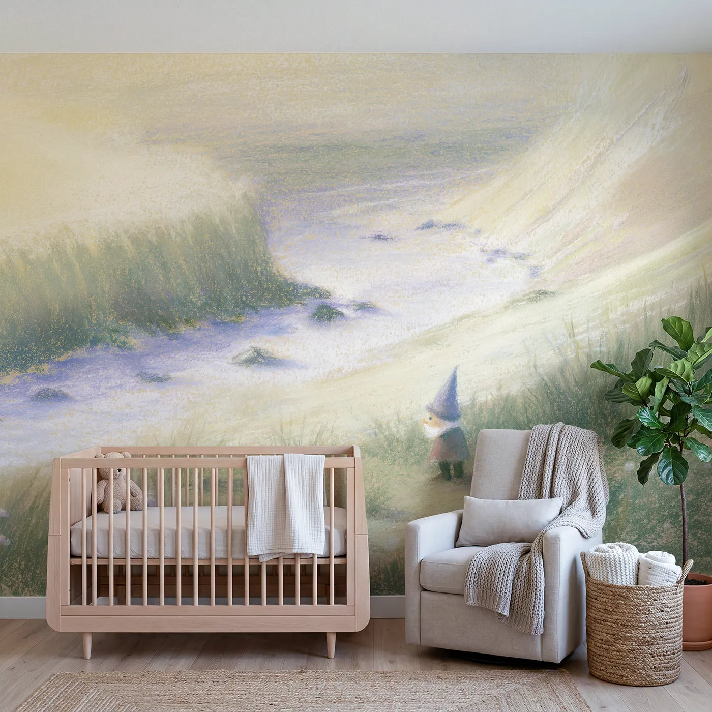 Chalk pastel wall mural of a little gnome with a pointed hat by Whimsy Tots